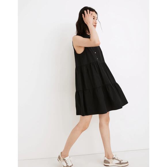 Madewell Black Gray Sleeveless Tiered Button Down Mini A-Line Shirt Dress Sz XS - Picture 2 of 9